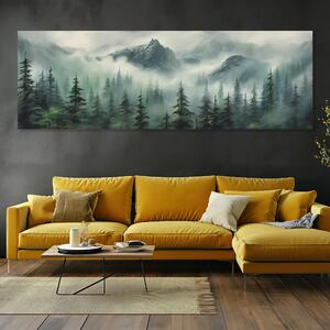 Obraz na plátně - Les s horami v mlžném oparu FeelHappy.cz Velikost obrazu: 60 x 20 cm