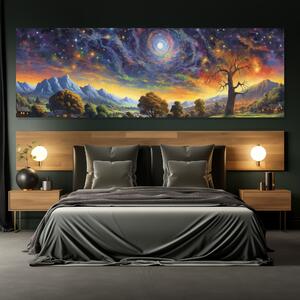 Obraz na plátně - Krajina s magickou noční oblohou FeelHappy.cz Velikost obrazu: 120 x 40 cm