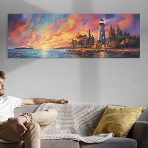 FeelHappy Obraz na plátně - Maják na pobřeží se západem slunce Velikost obrazu: 90 x 30 cm