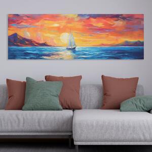 Obraz na plátně - Malá plachetnice a moře při západu slunce FeelHappy.cz Velikost obrazu: 60 x 20 cm
