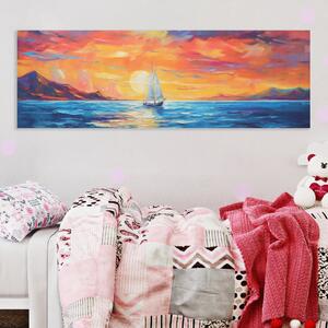 Obraz na plátně - Malá plachetnice a moře při západu slunce FeelHappy.cz Velikost obrazu: 240 x 80 cm