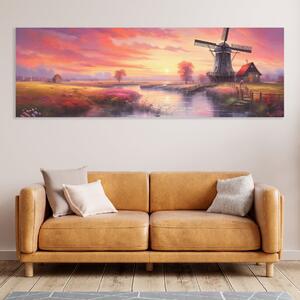 Obraz na plátně - Větrný mlýn při západu slunce FeelHappy.cz Velikost obrazu: 150 x 50 cm