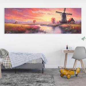 Obraz na plátně - Větrný mlýn při západu slunce FeelHappy.cz Velikost obrazu: 60 x 20 cm