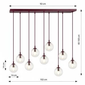 Závěsné svítidlo COSMO 9 – vínové, čiré sklo, 9× E14, šířka 102 cm