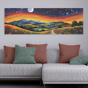 Obraz na plátně - Noční obloha s čárkami a krajina s horami FeelHappy.cz Velikost obrazu: 60 x 20 cm