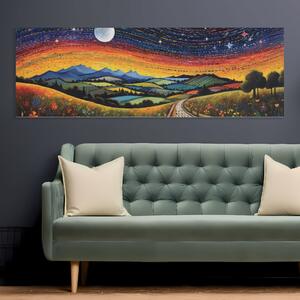 Obraz na plátně - Noční obloha s čárkami a krajina s horami FeelHappy.cz Velikost obrazu: 120 x 40 cm