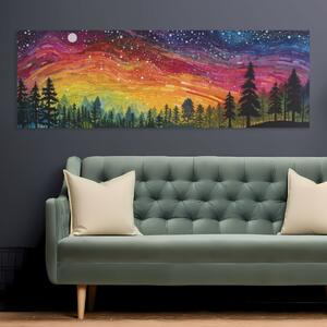 Obraz na plátně - Barevná mozaiková noc s lesem FeelHappy.cz Velikost obrazu: 90 x 30 cm