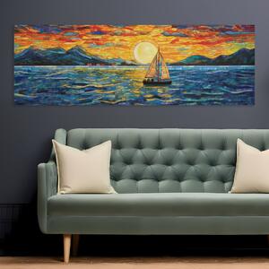 Obraz na plátně - Plachetnice při západu slunce mozaika FeelHappy.cz Velikost obrazu: 90 x 30 cm
