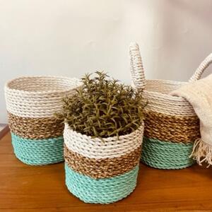 3x Úložné košíky z Mořské Trávy - Zelená a bílá (Set úložných košíků z mořské trávy. 100% přírodní produkt, Hand made. Poslouží jako úložný prostor, nebo jako stylový květináč)