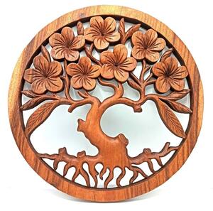 Strom života - Dekorativní panel průměr 40cm, Dřevo Suar (Luxusní dekorativní panel na zeď z pravého dřeva Suar. Každý panel je vyřezáván ručně a je originální. Jedná se o luxusní a kvalitní dekorační předmět kterým ozdobíte každý domov.)