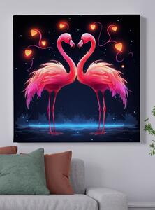 Obraz na plátně - Plameňáci, zamilovaný růžový pár se svítícími srdci FeelHappy.cz Velikost obrazu: 140 x 140 cm