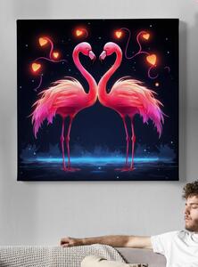 Obraz na plátně - Plameňáci, zamilovaný růžový pár se svítícími srdci FeelHappy.cz Velikost obrazu: 60 x 60 cm