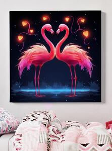 Obraz na plátně - Plameňáci, zamilovaný růžový pár se svítícími srdci FeelHappy.cz Velikost obrazu: 60 x 60 cm