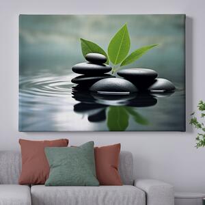 Obraz na plátně - Meditace, černé kameny na sobě, tráva FeelHappy.cz Velikost obrazu: 40 x 30 cm