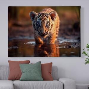 Obraz na plátně - Mládě tygra v louži FeelHappy.cz Velikost obrazu: 150 x 100 cm