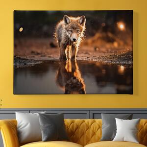 Obraz na plátně - Mládě vlka v louži FeelHappy.cz Velikost obrazu: 150 x 100 cm