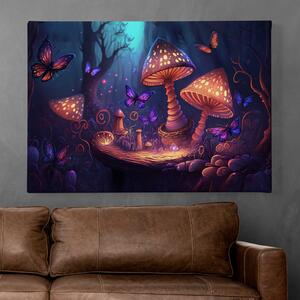 Obraz na plátně - Kouzelné houby a motýli v tmavém lese FeelHappy.cz Velikost obrazu: 90 x 60 cm