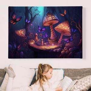 Obraz na plátně - Kouzelné houby a motýli v tmavém lese FeelHappy.cz Velikost obrazu: 40 x 30 cm