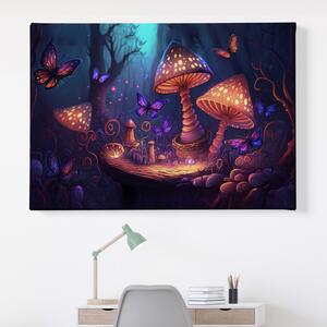 Obraz na plátně - Kouzelné houby a motýli v tmavém lese FeelHappy.cz Velikost obrazu: 210 x 140 cm