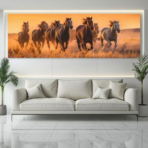 Obraz na plátně - Stádo divokých koní, zlatý západ slunce FeelHappy.cz Velikost obrazu: 60 x 20 cm