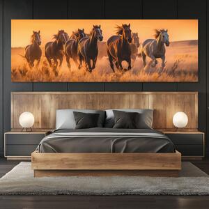 Obraz na plátně - Stádo divokých koní, zlatý západ slunce FeelHappy.cz Velikost obrazu: 90 x 30 cm