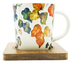 Porcelánový hrnek PPD Bright Fall, akáciový podšálek, podzimní listy, akvarel, 350 ml