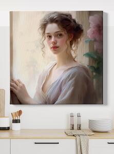 Obraz na plátně - Mladá žena s květinou FeelHappy.cz Velikost obrazu: 40 x 40 cm