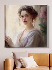 Obraz na plátně - Mladá žena s květinou FeelHappy.cz Velikost obrazu: 40 x 40 cm