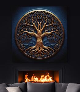 Obraz na plátně - Zlato-modrý strom života v kruhu FeelHappy.cz Velikost obrazu: 40 x 40 cm