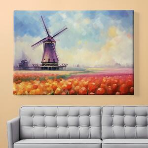 FeelHappy Obraz na plátně - Tulipánové pole s větrným mlýnem Velikost obrazu: 60 x 40 cm