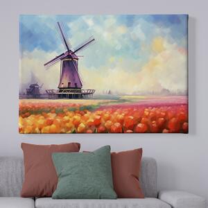 Obraz na plátně - Tulipánové pole s větrným mlýnem FeelHappy.cz Velikost obrazu: 40 x 30 cm