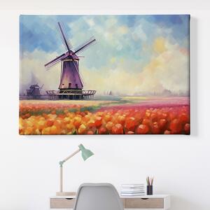 Obraz na plátně - Tulipánové pole s větrným mlýnem FeelHappy.cz Velikost obrazu: 210 x 140 cm