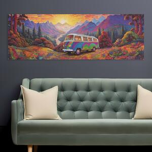 Obraz na plátně - Západ slunce v horách a hippie dodávka vanlife FeelHappy.cz Velikost obrazu: 90 x 30 cm