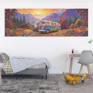 Obraz na plátně - Západ slunce v horách a hippie dodávka vanlife FeelHappy.cz Velikost obrazu: 60 x 20 cm