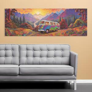 Obraz na plátně - Západ slunce v horách a hippie dodávka vanlife FeelHappy.cz Velikost obrazu: 60 x 20 cm