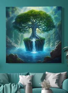 Obraz na plátně - Strom života s vodopádem FeelHappy.cz Velikost obrazu: 40 x 40 cm