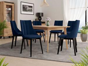 Rozkládací jídelní stůl se 6 židlemi NOWEN 2 - přírodní dřevo / černý / modrý