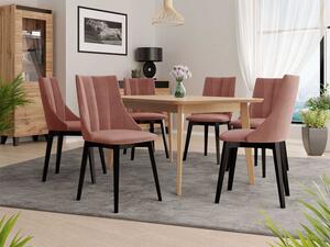 Rozkládací jídelní stůl se 6 židlemi NOWEN 2 - přírodní dřevo / černý / růžový