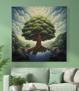 Obraz na plátně - Košatý strom života s vodopádem FeelHappy.cz Velikost obrazu: 60 x 60 cm