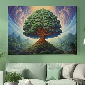 Obraz na plátně - Košatý Strom života s lesem a kopečky FeelHappy.cz Velikost obrazu: 90 x 60 cm