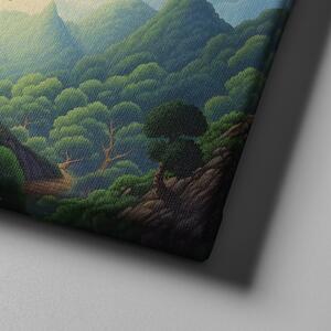 Obraz na plátně - Košatý Strom života s lesem a kopečky FeelHappy.cz Velikost obrazu: 210 x 140 cm