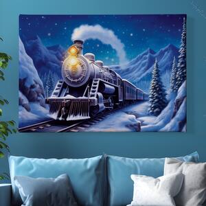 Obraz na plátně - Parní vlak projíždí zimní krajinou FeelHappy.cz Velikost obrazu: 150 x 100 cm