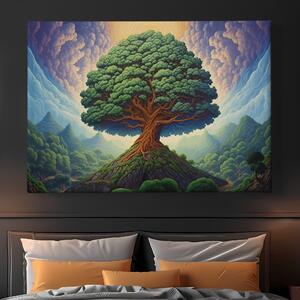 Obraz na plátně - Košatý Strom života s lesem a kopečky FeelHappy.cz Velikost obrazu: 210 x 140 cm