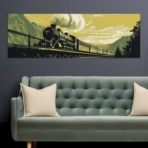 Obraz na plátně - Parní vlak v krajině zeleno-žlutý FeelHappy.cz Velikost obrazu: 90 x 30 cm