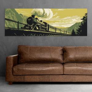 Obraz na plátně - Parní vlak v krajině zeleno-žlutý FeelHappy.cz Velikost obrazu: 150 x 50 cm
