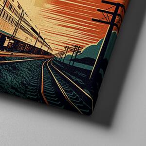 Obraz na plátně - Retro futuristický vlak v krajině při západu slunce FeelHappy.cz Velikost obrazu: 210 x 140 cm