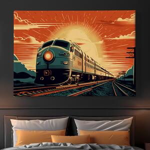 Obraz na plátně - Retro futuristický vlak v krajině při západu slunce FeelHappy.cz Velikost obrazu: 40 x 30 cm