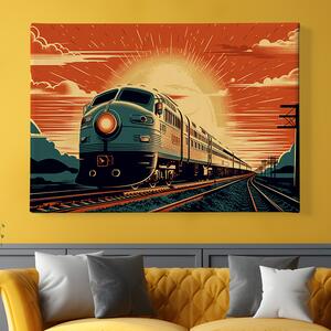 Obraz na plátně - Retro futuristický vlak v krajině při západu slunce FeelHappy.cz Velikost obrazu: 150 x 100 cm