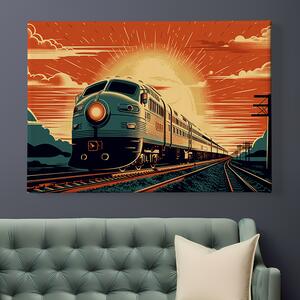 Obraz na plátně - Retro futuristický vlak v krajině při západu slunce FeelHappy.cz Velikost obrazu: 40 x 30 cm