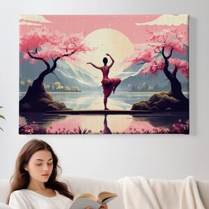 Obraz na plátně - BALANC, žena stojící mezi sakurami, Japonsko FeelHappy.cz Velikost obrazu: 60 x 40 cm